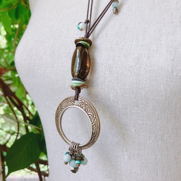 Signed Silpada Necklace N1892 Sterling Gemstone Boho Circle Pendant - Picture 4 of 11